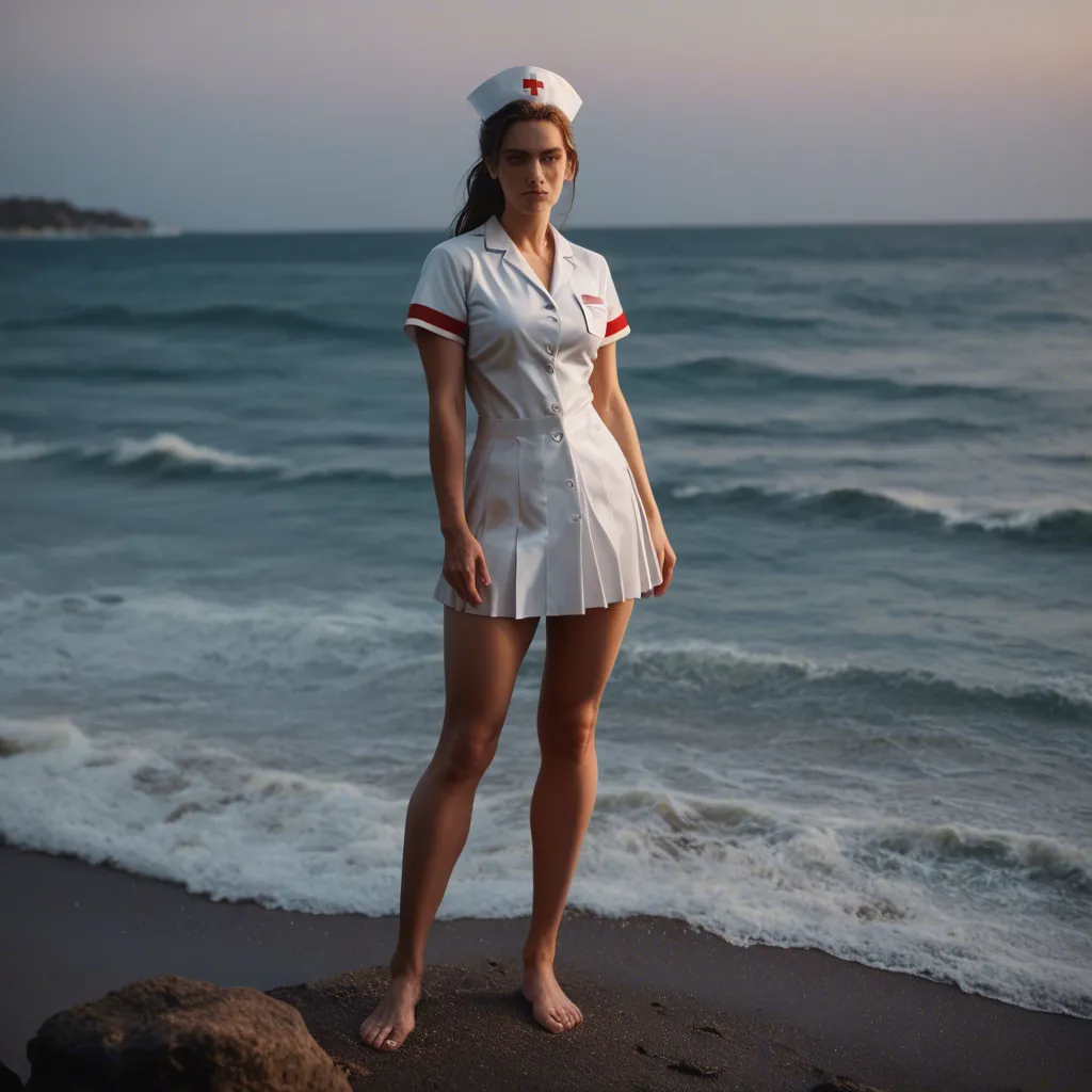 dslr, film grain, photorealistic, nurse, toes, pleated skirt, presenting, ocean, cool tones, studio photo