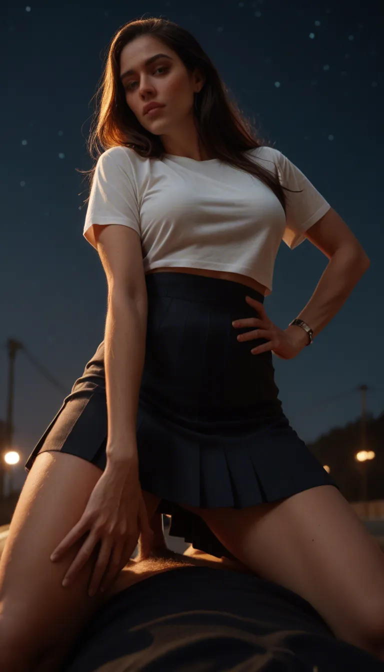 ultra HD, lifelike, couple, hand on own hip, skirt, slow turn, riding, night, from below, studio photo
