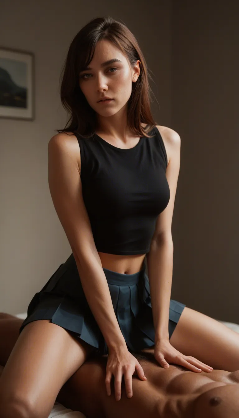 studio quality, sharp focus, couple, swept bangs, pleated skirt, cowgirl position, natural skin texture