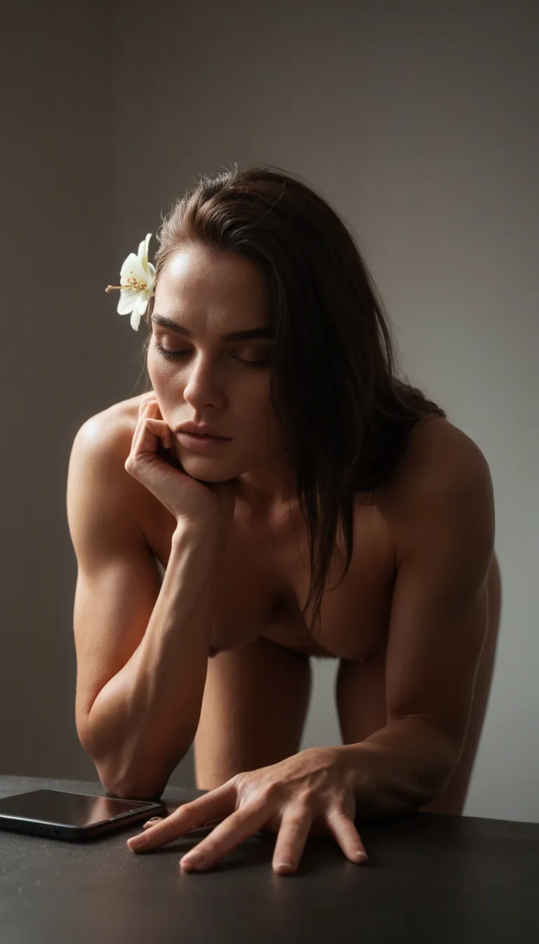 studio quality, sharp focus, fitness model, hair flower, evening shy bent over fingering herself