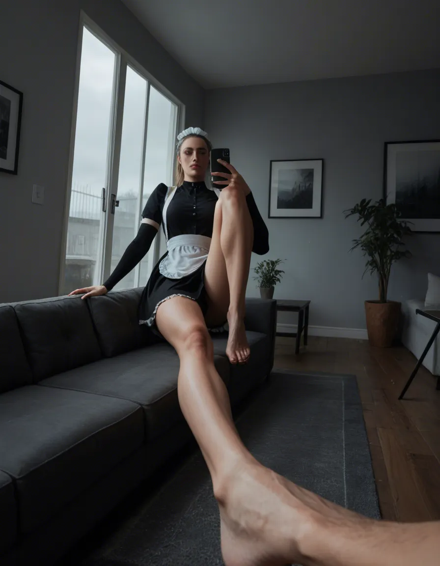 sharp focus, 8k uhd, maid, leg up, legs, outdooGrainy real-life amateur phone selfie on a modern balcony, POV from the phone's canera, slightly wide angle camera,  grey outdoor sofa and black-framed glass doors soft in the background, overcast daylight. Close crop from her chest up.
A young adult woman with long blonde hair sits fully naked on the sofa, the black cutout one-piece tossed beside her, holding the phone in one hand and sucking the big cock of a tall muscular man standing beside her. Large natural breasts hanging low, tanned skin with a subtle bikini tan. Gold necklace and bracelet. Casual unpolished snapshot, no text, no watermark.rs, studio photo, score_9, score_8, candid photo, realistic skin texture, visible skin pores, film grain, depth of field