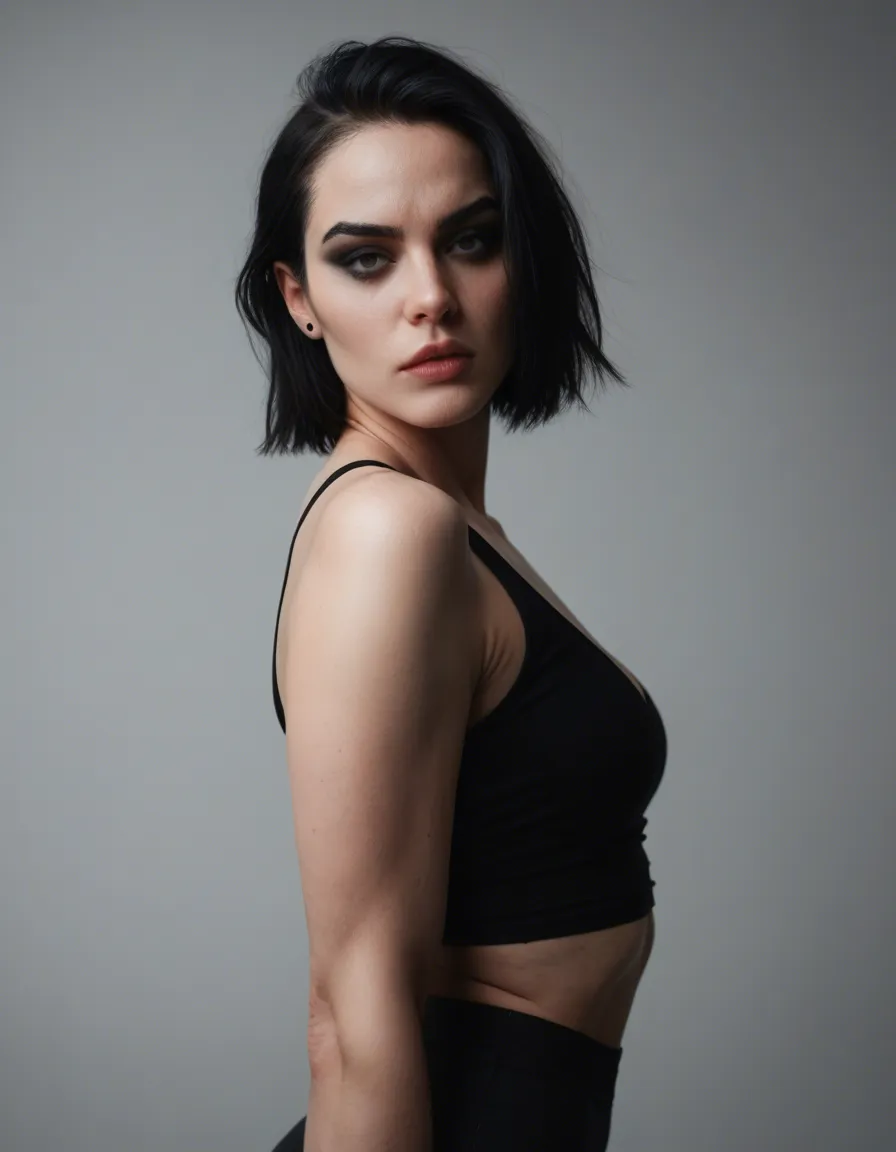 goth, shaved, score_9, score_8, candid photo, realistic skin texture, visible skin pores, film grain, depth of field