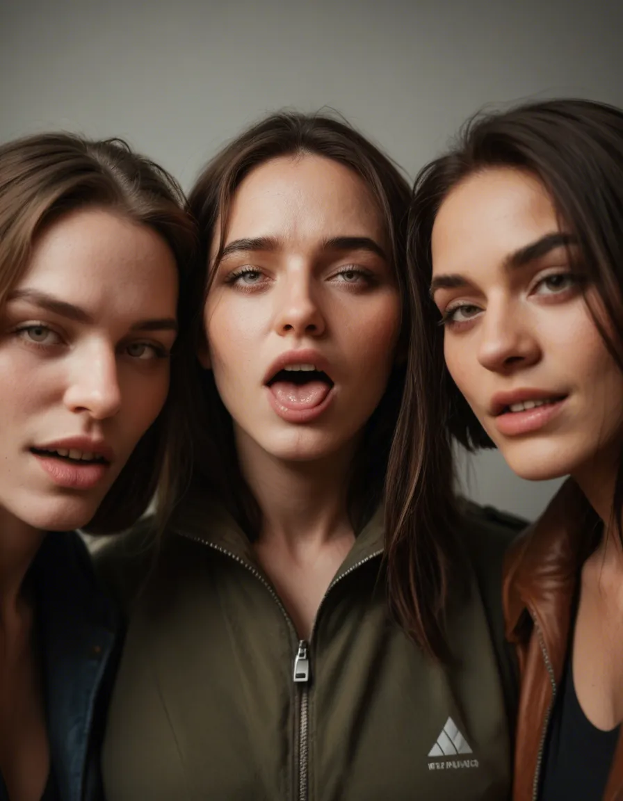 cinematic photo, 8k, 3women, jacket, ahegao, studio photo, score_9, score_8, candid photo, realistic skin texture, visible skin pores, film grain, depth of field