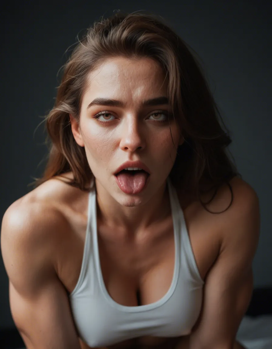 studio quality, sharp focus, fitness model, ahegao , lifelike render, facial,, score_9, score_8, candid photo, realistic skin texture, visible skin pores, film grain, depth of field