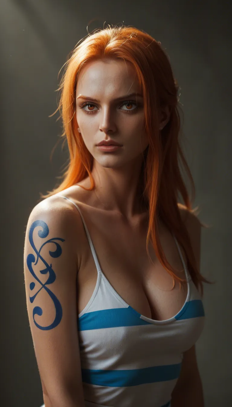 (masterpiece, best quality, ultra-detailed), Nami from One Piece, orange hair, tattoo on shoulder (tangerine tattoo), wearing white and blue striped t-shirt, blue mini-skirt, high-heeled sandals, on pirate ship deck, slowly undressing, revealing clothes, cinematic lighting, 4k quality, photorealistic, 1woman, solo, curvy body, large breasts, detailed skin texture, realistic anatomy