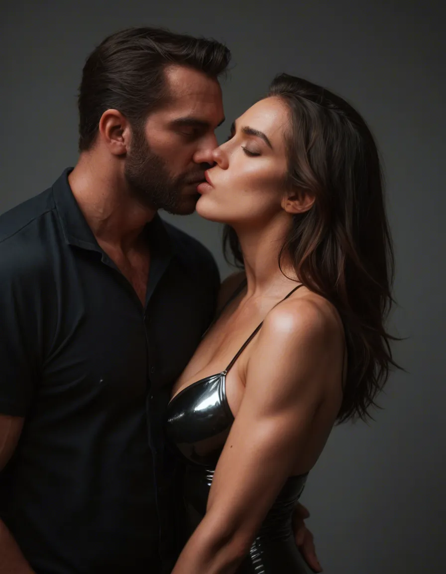 two muscle rubber clad cowboys smoking reds, kissing score_9, score_8, candid photo, realistic skin texture, visible skin pores, film grain, depth of field, score_9, score_8, candid photo, realistic skin texture, visible skin pores, film grain, depth of field