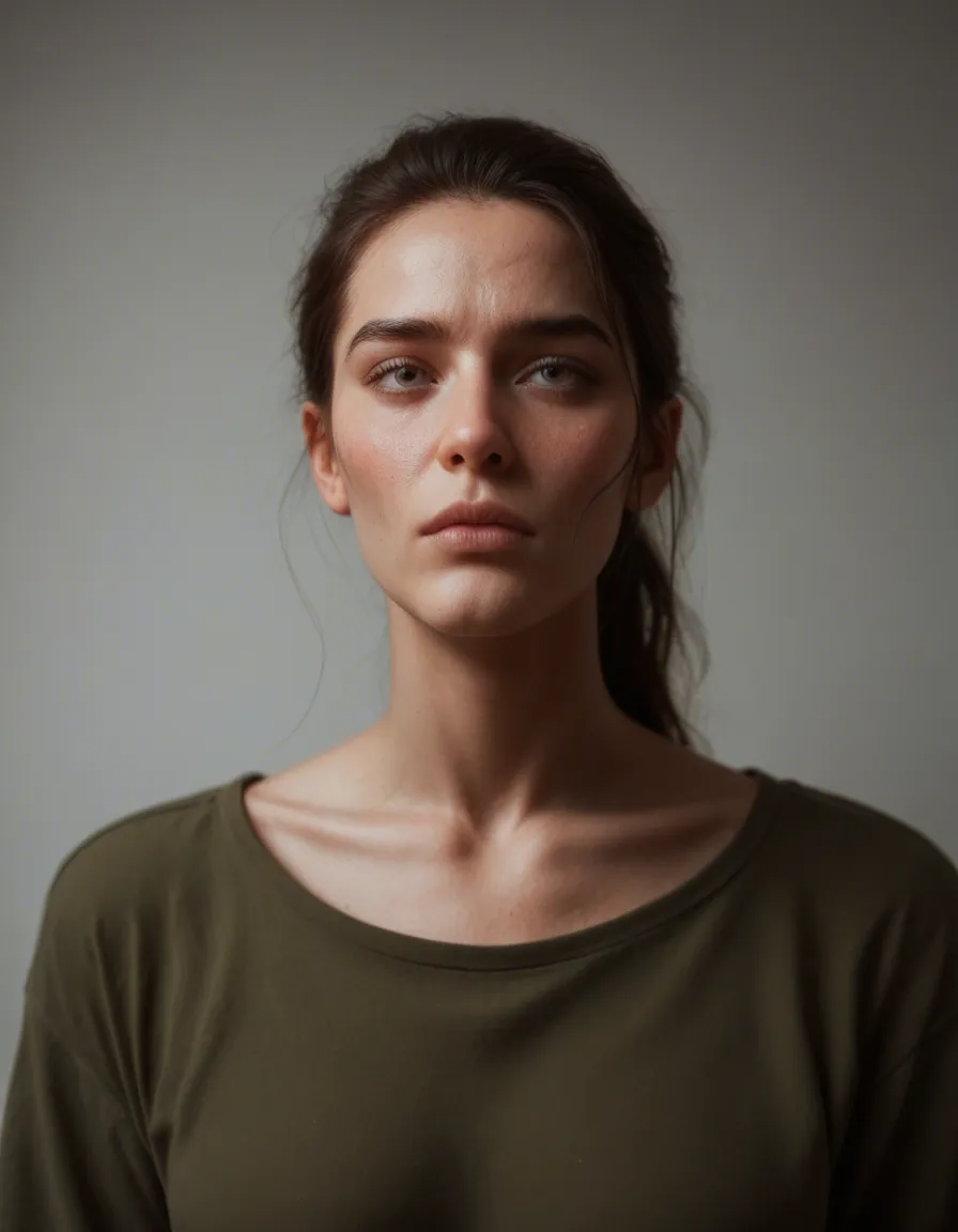 ultra HD, lifelike, over the shoulder, solo, blowjob, collarbone, military, nervous blush, natural skin texture, score_9, score_8, candid photo, realistic skin texture, visible skin pores, film grain, depth of field
