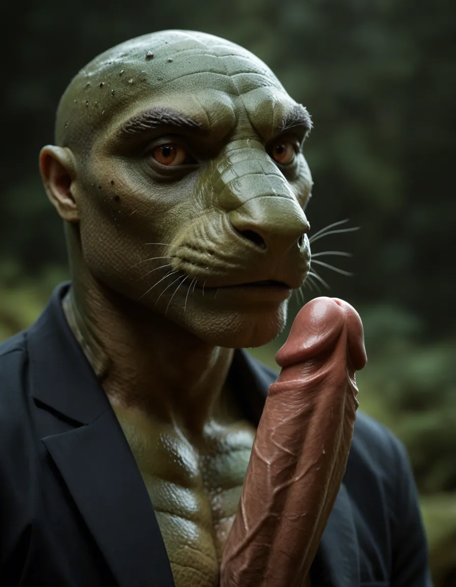 Lizard anthro male with a big cock, score_9, score_8, candid photo, realistic skin texture, visible skin pores, film grain, depth of field