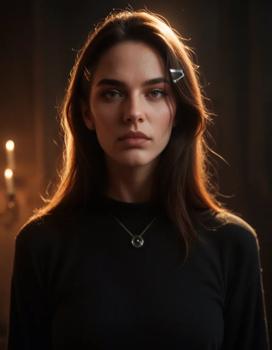 best quality, hyperrealistic, witch, hairclip, long sleeves, presenting, soft lighting, film photography, score_9, score_8, candid photo, realistic skin texture, visible skin pores, film grain, depth of field