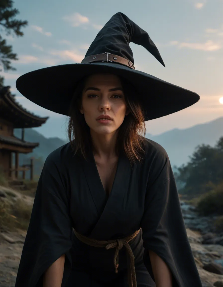 best quality, hyperrealistic, witch, hourglass figure, japanese clothes, doggy style, sky, neon glow, score_9, score_8, candid photo, realistic skin texture, visible skin pores, film grain, depth of field