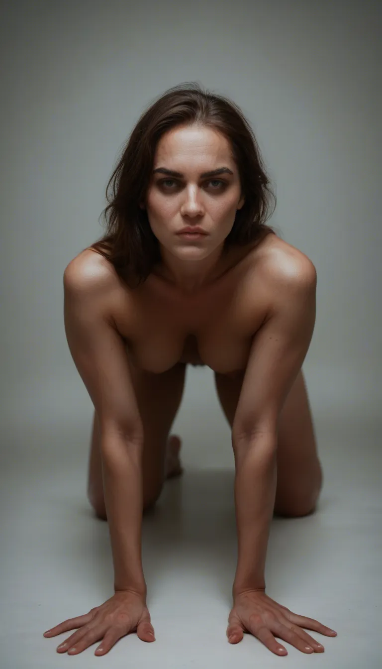 cinematic photo, 8k, 1woman, on all fours, thick thighs, depth of field, dominant stare, dslr quality