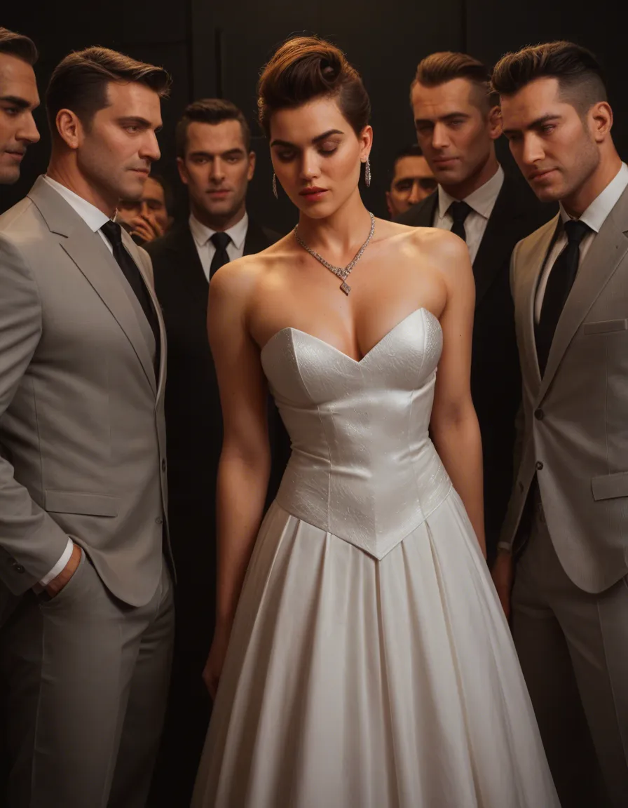 cinematic photo, 8k, wide shot, It is April's wedding day. All the groomsmen have come to see her in her dressing room. Sexy 23 year old brunette. Wedding dress. Pixie hair style. Diamond necklace and earrings. several men. RAW photo, score_9, score_8, candid photo, realistic skin texture, visible skin pores, film grain, depth of field, score_9, score_8, candid photo, realistic skin texture, visible skin pores, film grain, depth of field, score_9, score_8, candid photo, realistic skin texture, visible skin pores, film grain, depth of field