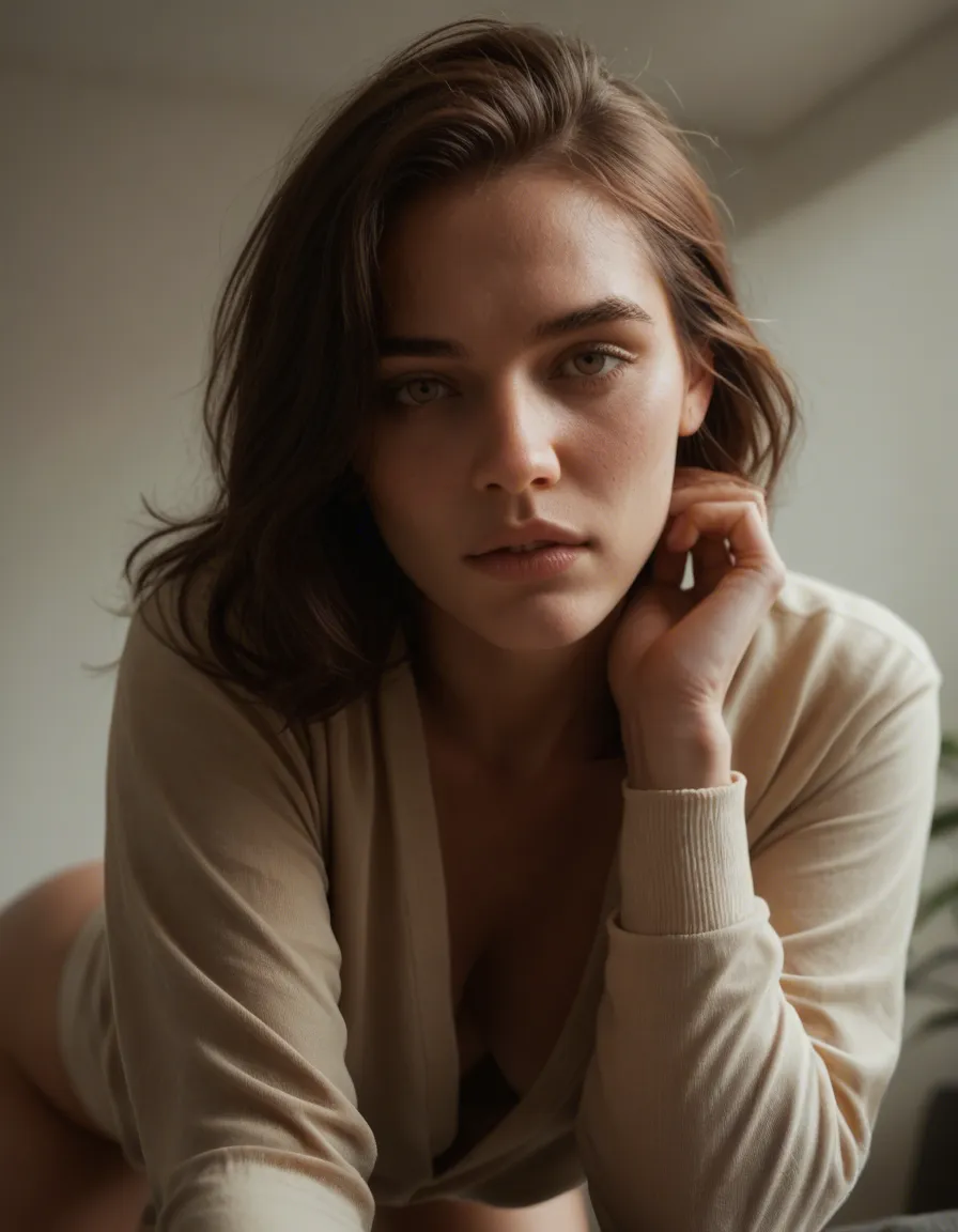 highly detailed, natural lighting, solo focus, long sleeves, brunette pixie style hair,doggy style, 8k uhd photo, score_9, score_8, candid photo, realistic skin texture, visible skin pores, film grain, depth of field