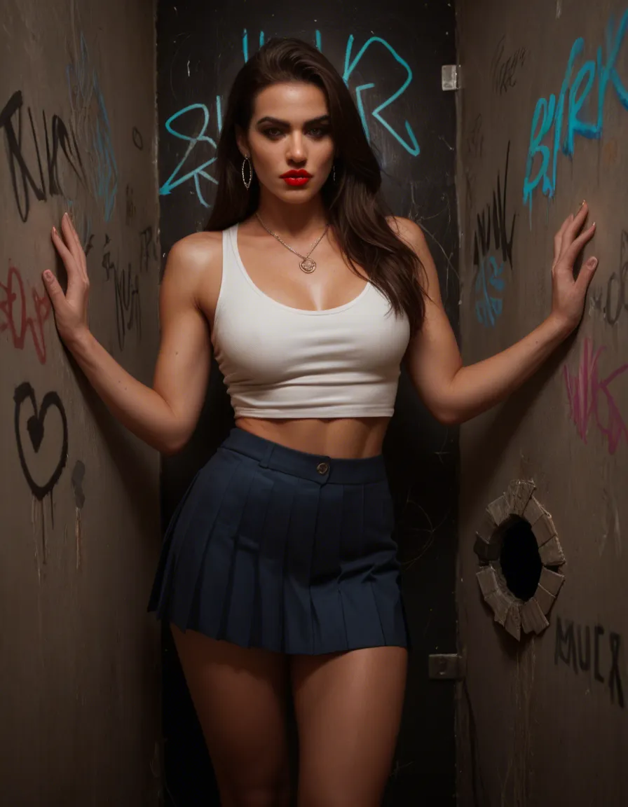 8k, sharp focus, detailed skin, kinky female, brunette, necklace and earrings, graffiti , gloryhole, lipstick and makeup. Dressed in a sairor woman costume. Short pleated mini skirt. lifelike render, score_9, score_8, candid photo, realistic skin texture, visible skin pores, film grain, depth of field