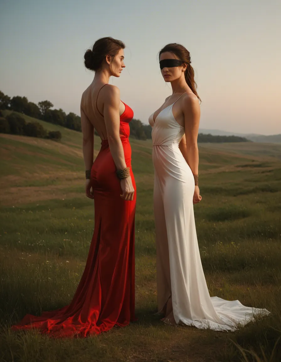 2girls, bondage , tied to post, breasts_out ,, bound_arms ,evening gown, full_body ,field, tree , arms_behind_back , bound_wrists , facing_viewer, facial , blindfold, score_9, score_8, candid photo, realistic skin texture, visible skin pores, film grain, depth of field