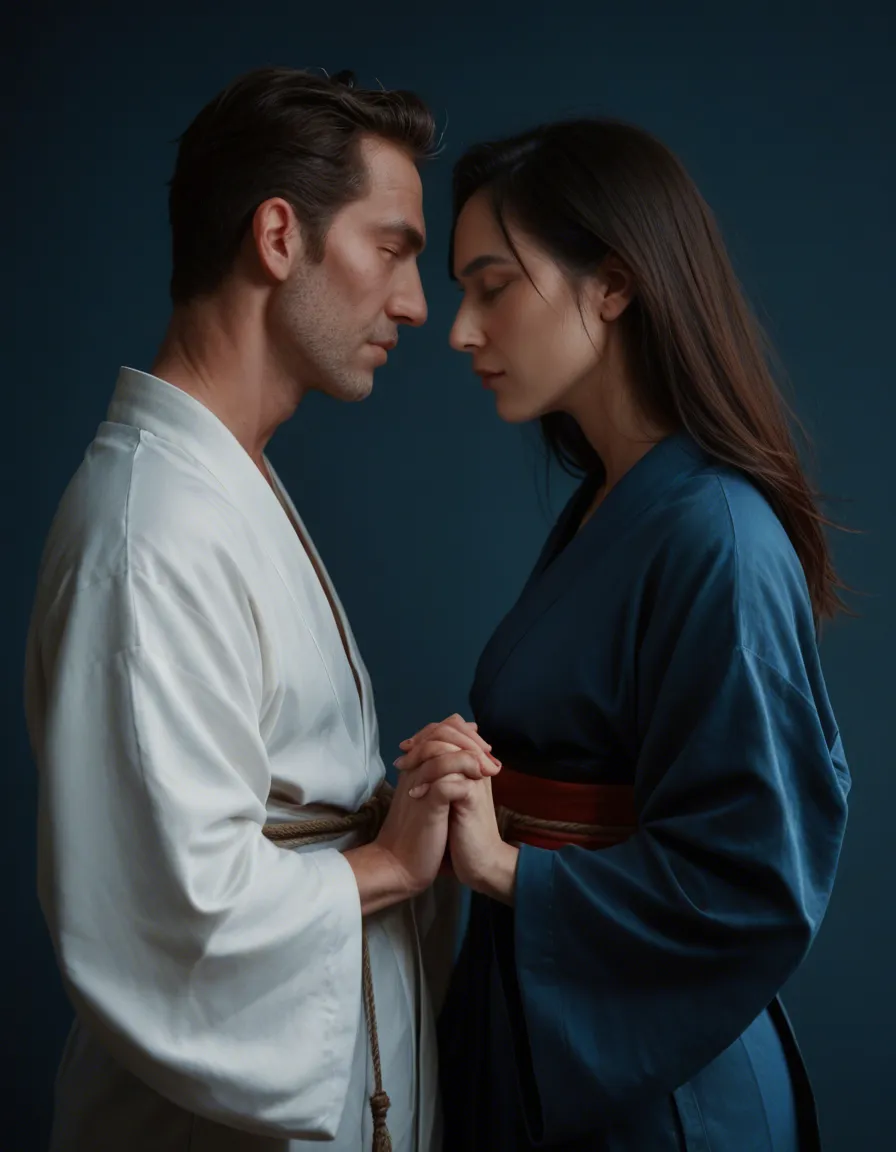 8k, sharp focus, detailed skin, couple, holding hands, japanese clothes, bondage, blue background, side view, volumetric light, photorealistic, score_9, score_8, candid photo, realistic skin texture, visible skin pores, film grain, depth of field
