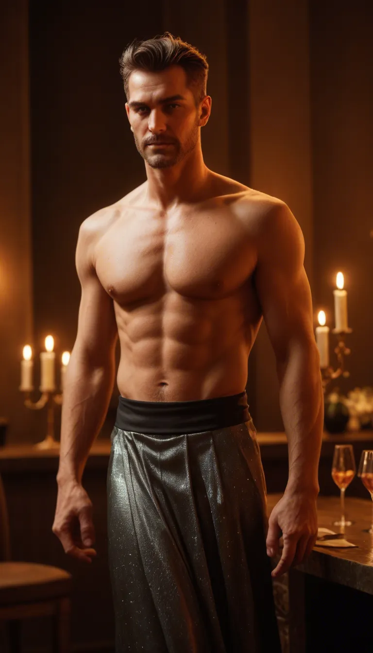 RAW photo, ultra realistic, male focus, two-tone hair, cocktail dress, topless, candlelight, lifelike render