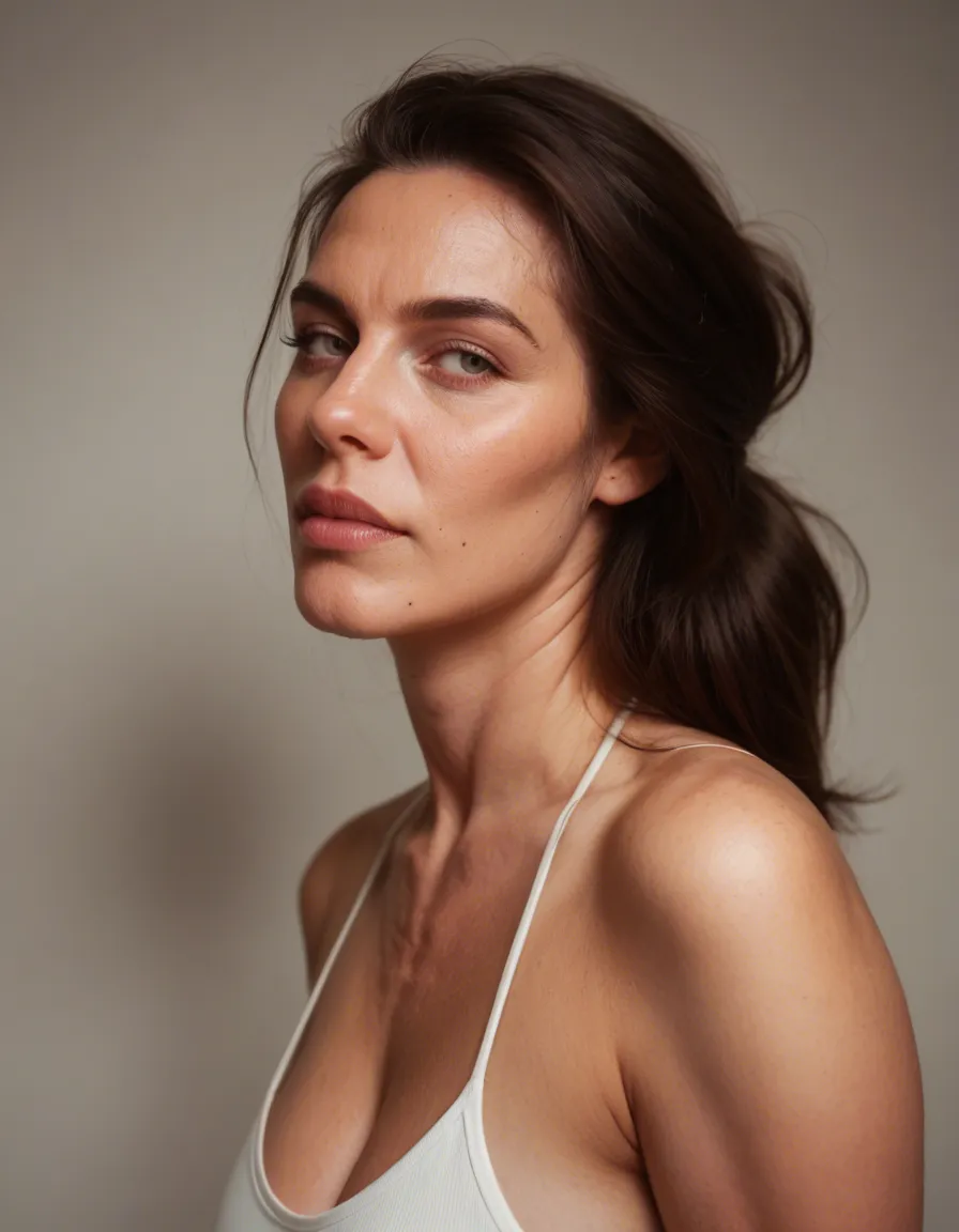 milf saggy hangers, score_9, score_8, candid photo, realistic skin texture, visible skin pores, film grain, depth of field