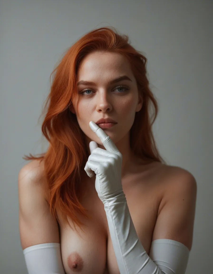RAW photo, ultra realistic, redhead woman, grey hair, white gloves, futanari, studio photo, score_9, score_8, candid photo, realistic skin texture, visible skin pores, film grain, depth of field