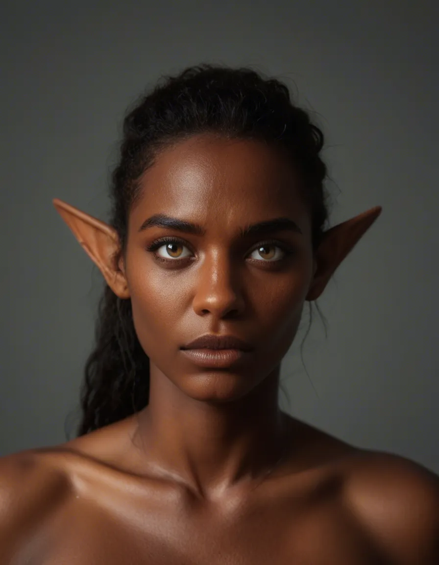 sharp focus, 8k uhd, elf girl, presenting, dark-skinned female, simple background, nervous blush, dslr quality, score_9, score_8, candid photo, realistic skin texture, visible skin pores, film grain, depth of field