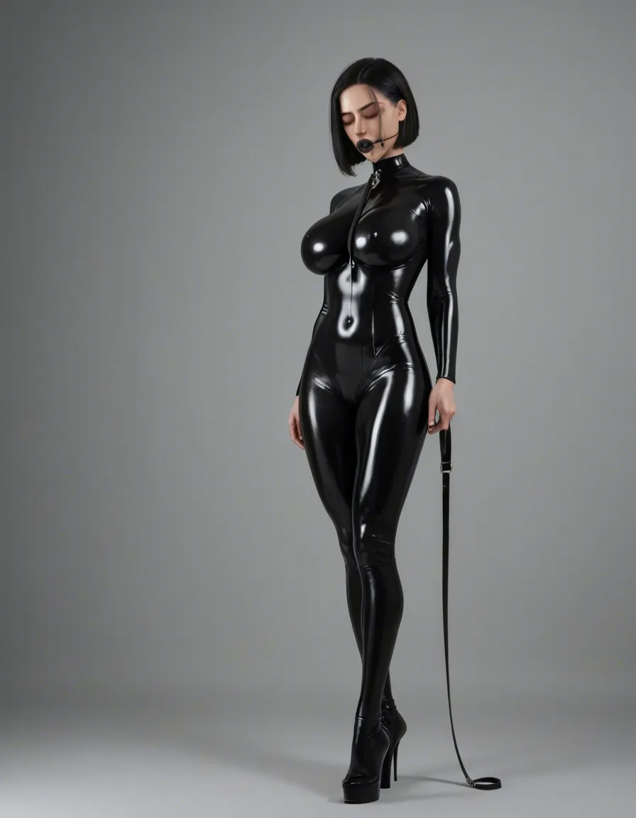 sexy slim hot woman (20 - 30 years old look, drooling, full closed body black latex costume, black bob cut hair, black_eyes, makeup, looking_afar, expressionless, black ball_gag, blank_eyes, leash, gigantic huge_breasts, huge_ass , straight-on, squatting, arms at side, high heels), view from_above, full_body . BREAK : in a living room., score_9, score_8, candid photo, realistic skin texture, visible skin pores, film grain, depth of field