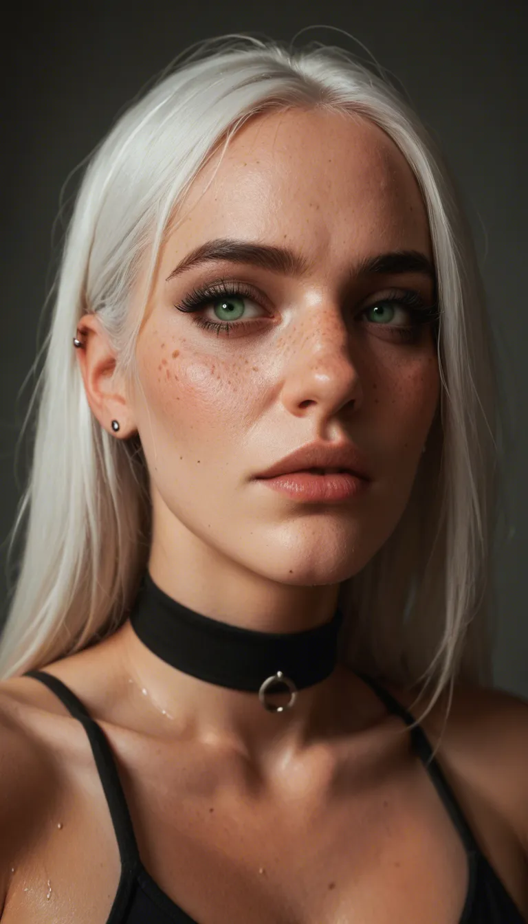 goth, white hair, bangs, green eyes, freckles, choker, long lashes, black mascara, blushing, ((freckles across nose)), very sweaty, tan lines, lip gloss, big tits, sex from behind, 12 inch cock