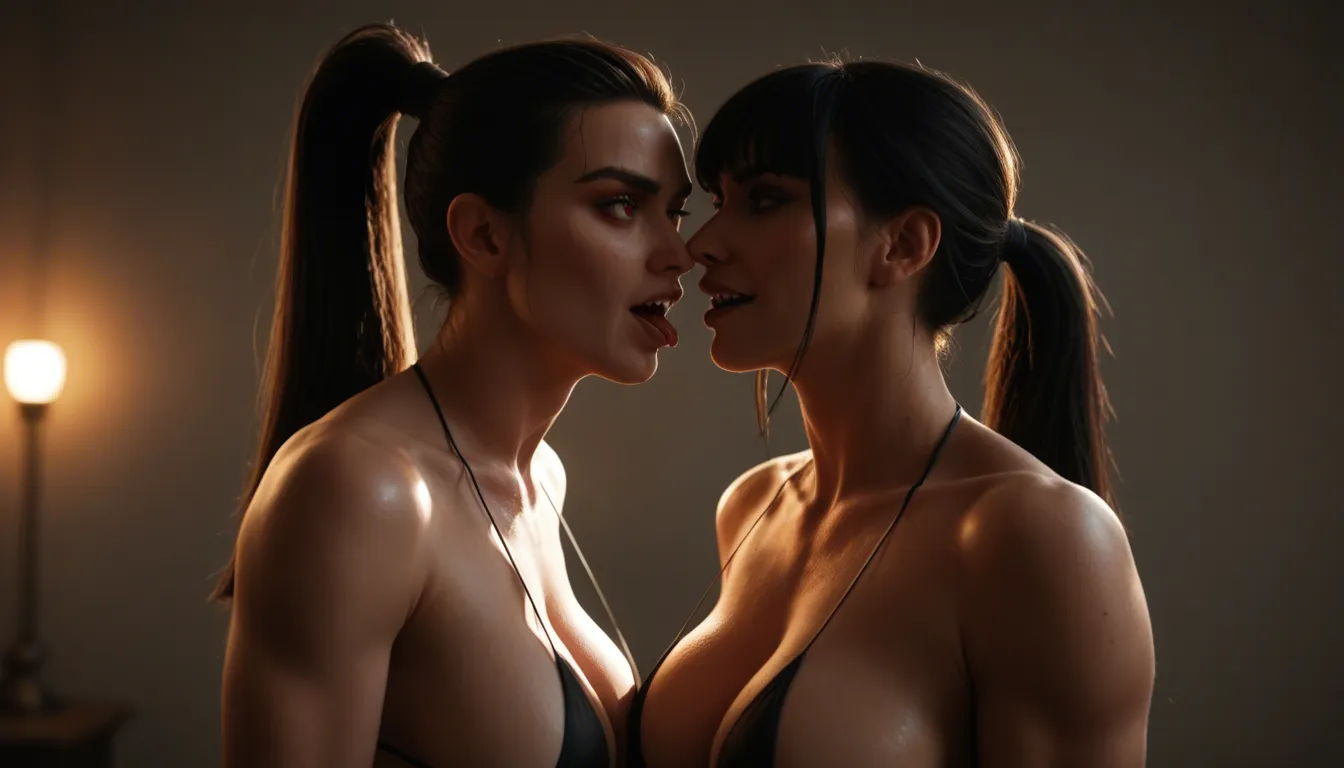 view side busty athletic woman huge breasts kiss turns small weak man into shell, shiny black micro bikini long black hair fringe hairstyle high ponytail almond red eyes evil laugh black stripes with daggers on thighs, big blue shoulder tattoos blue arm and forearm tattoos, dark castle