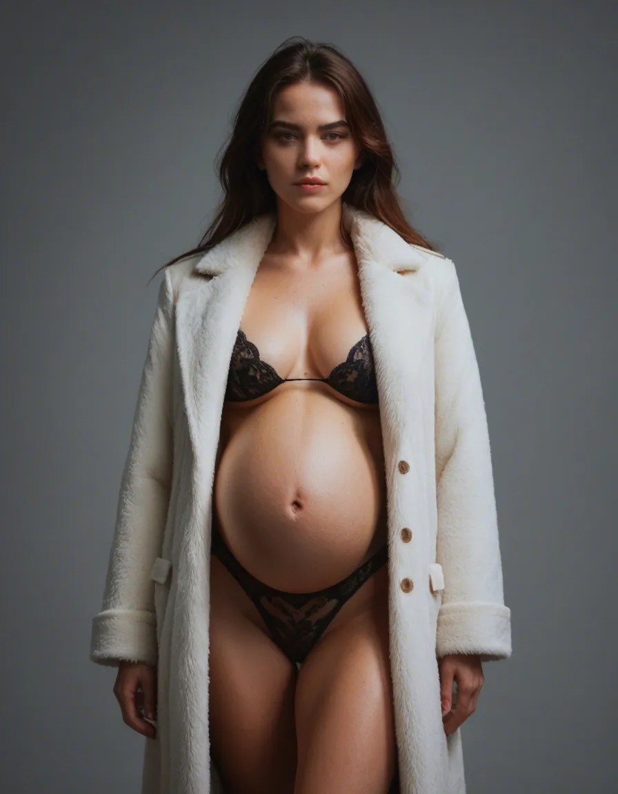 pregnant in fur coat without panties, score_9, score_8, candid photo, realistic skin texture, visible skin pores, film grain, depth of field