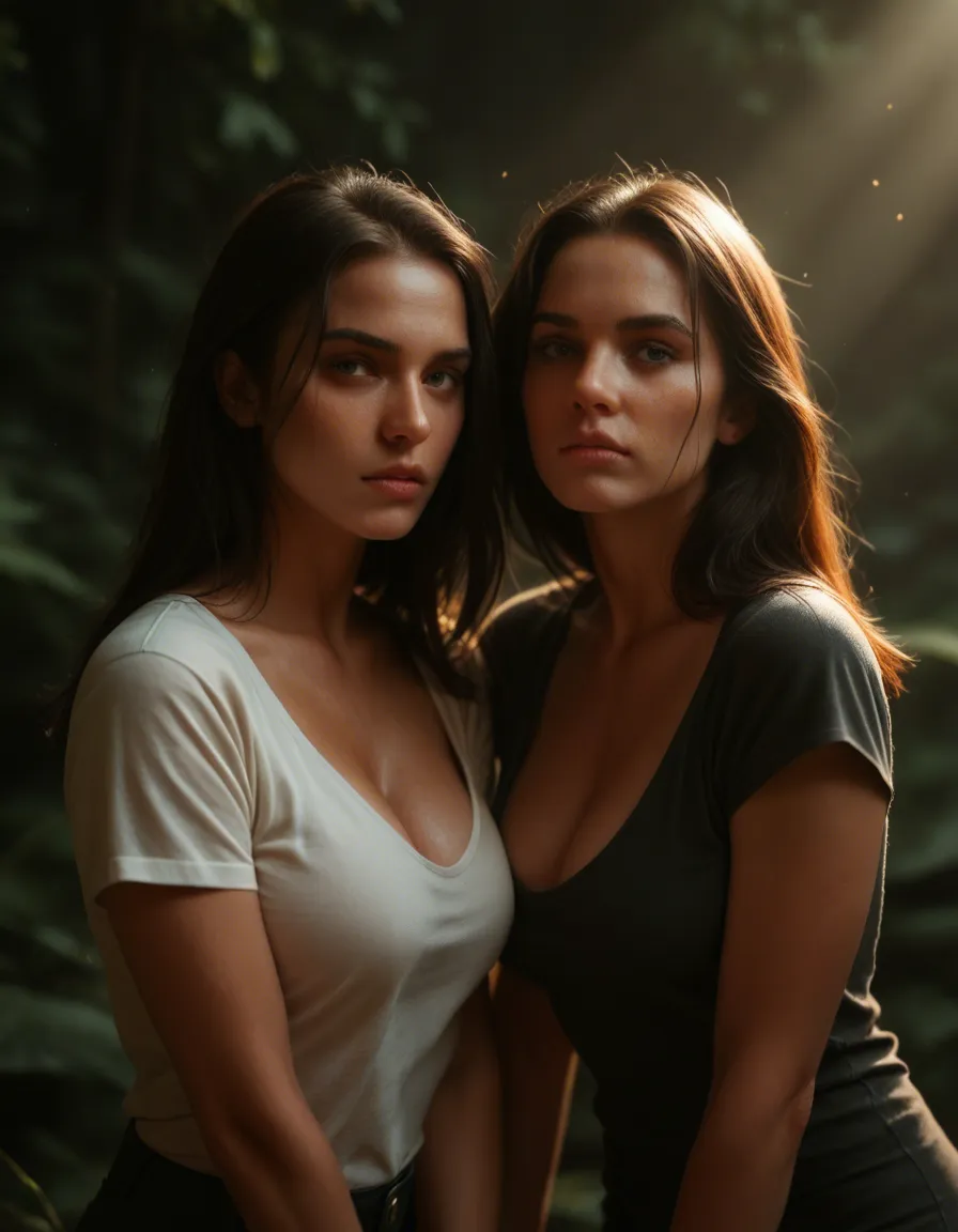 highly detailed, natural lighting, 2women, cleavage, short sleeves, presenting, soft lighting, cinematic realism, score_9, score_8, candid photo, realistic skin texture, visible skin pores, film grain, depth of field