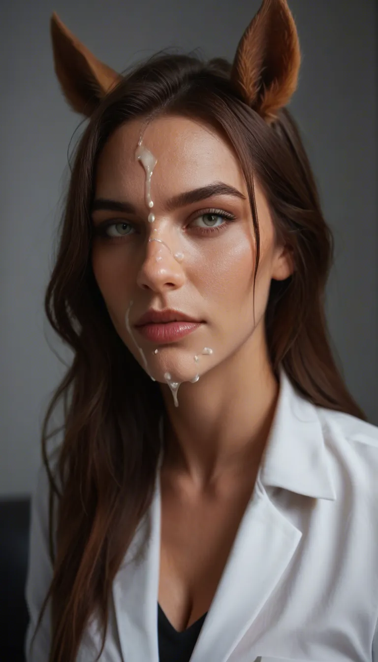 RAW photo, ultra realistic, three-quarter view, office lady, cum on face, horse ears, smoldering look, photorealistic