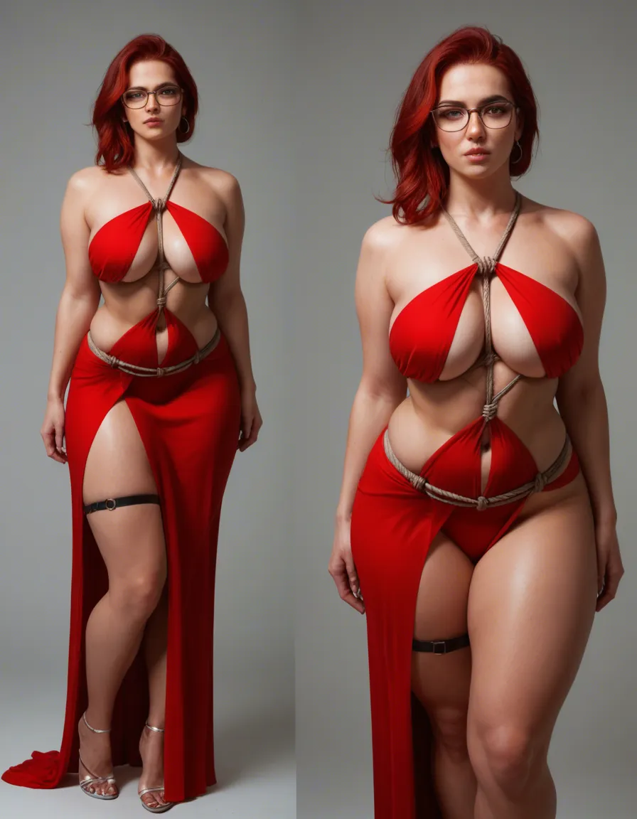 huge_breasts , huge_ass , plump , thick_thighs , red_hair , wide hips, curvy  , fat, shibari , glasses , multiple_views, thigh_strap , underboob , red evening gown, score_9, score_8, candid photo, realistic skin texture, visible skin pores, film grain, depth of field, score_9, score_8, cinematic film still, anamorphic, film grain, dramatic lighting, shallow depth of field