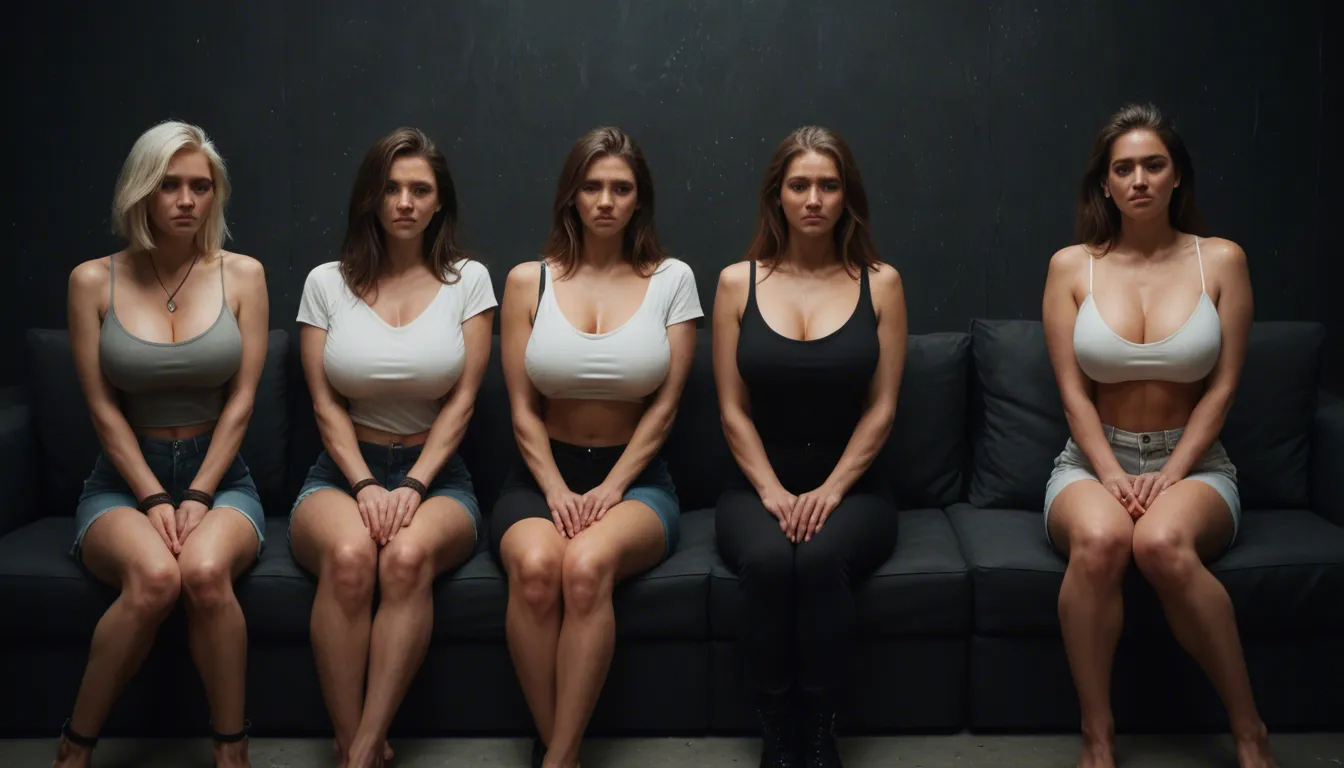 Group, 40 women, everyone, tiered seats, wrists tied to armrests, nervous, bondage, sitting, bound_wrists , wide_shot , huge breasts, casual clothes, score_9, score_8, candid photo, realistic skin texture, visible skin pores, film grain, depth of field