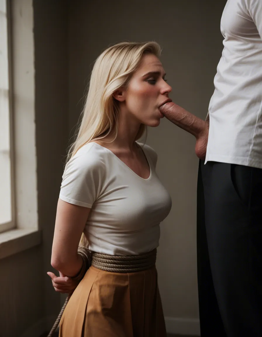 fellatio , submissive blush, arms_behind_back , bound_arms , bound_wrists , bound, 30s movie blonde, blouse and long skirt, score_9, score_8, candid photo, realistic skin texture, visible skin pores, film grain, depth of field