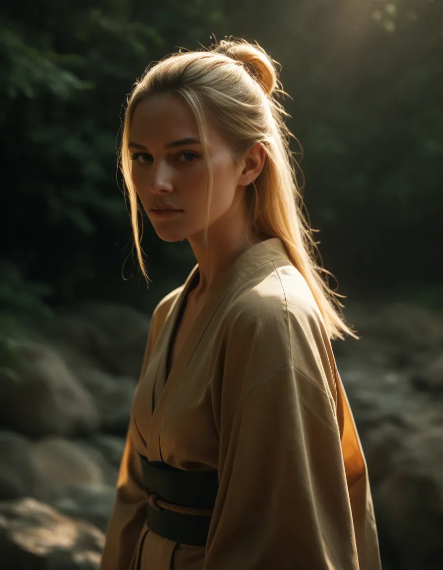 highly detailed, natural lighting, 1girl, tall, blonde, japanese clothes, presenting, rim light, photorealistic, score_9, score_8, candid photo, realistic skin texture, visible skin pores, film grain, depth of field