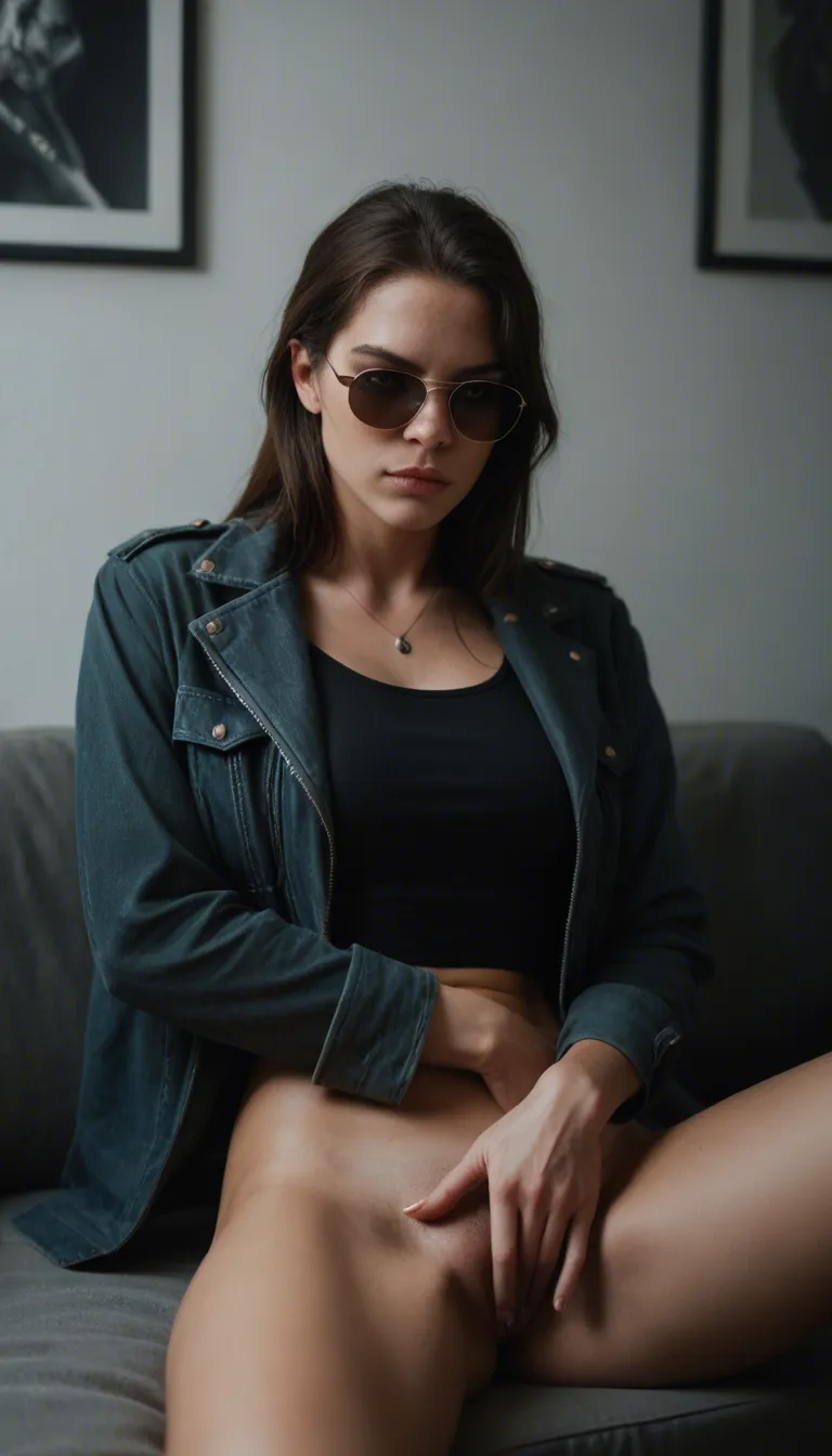 studio quality, sharp focus, 1woman, sunglasses, jacket, cuddling, masturbation, volumetric light, studio photo