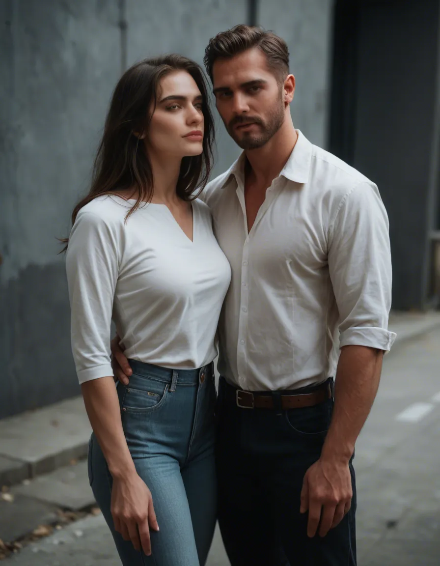 best quality, hyperrealistic, couple, pants, presenting, cinematic realism, score_9, score_8, candid photo, realistic skin texture, visible skin pores, film grain, depth of field
