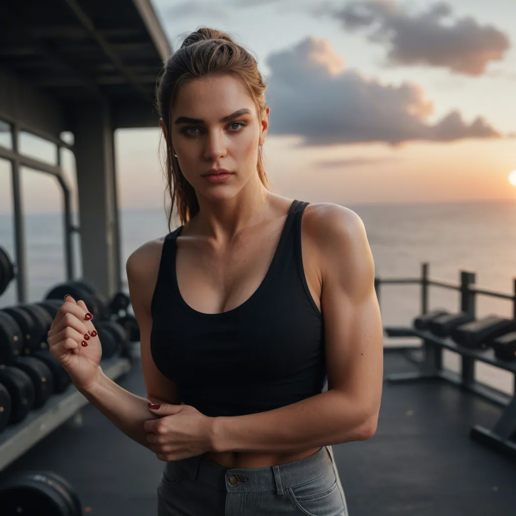 best quality, hyperrealistic, fitness model, nail polish, pants, paizuri, cloudy sky, dslr quality