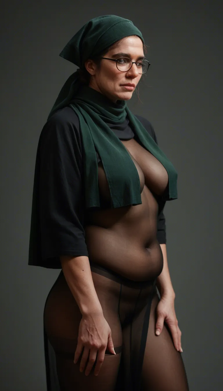 Ultraorthodox religious mature chubby Jewish woman, hair wrapped by dark green headscarf, hair isn't visible because it's covered by headscarf, milf, glasses, pantyhose, open unbuttoned brown shirt exposing her tits, long sleeves, long black skirt lifted up, big tits, spread legs, moaning, she is riding huge cock, hairy pussy, she is gropping her tits, office,