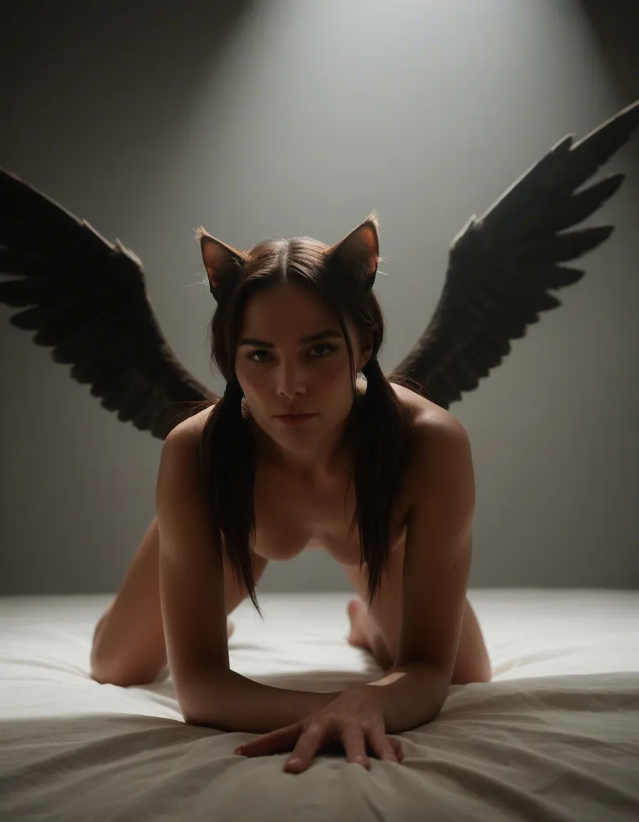 RAW photo, ultra realistic, catgirl, twintails, wings, on all fours, spotlight, hyperrealistic, score_9, score_8, candid photo, realistic skin texture, visible skin pores, film grain, depth of field