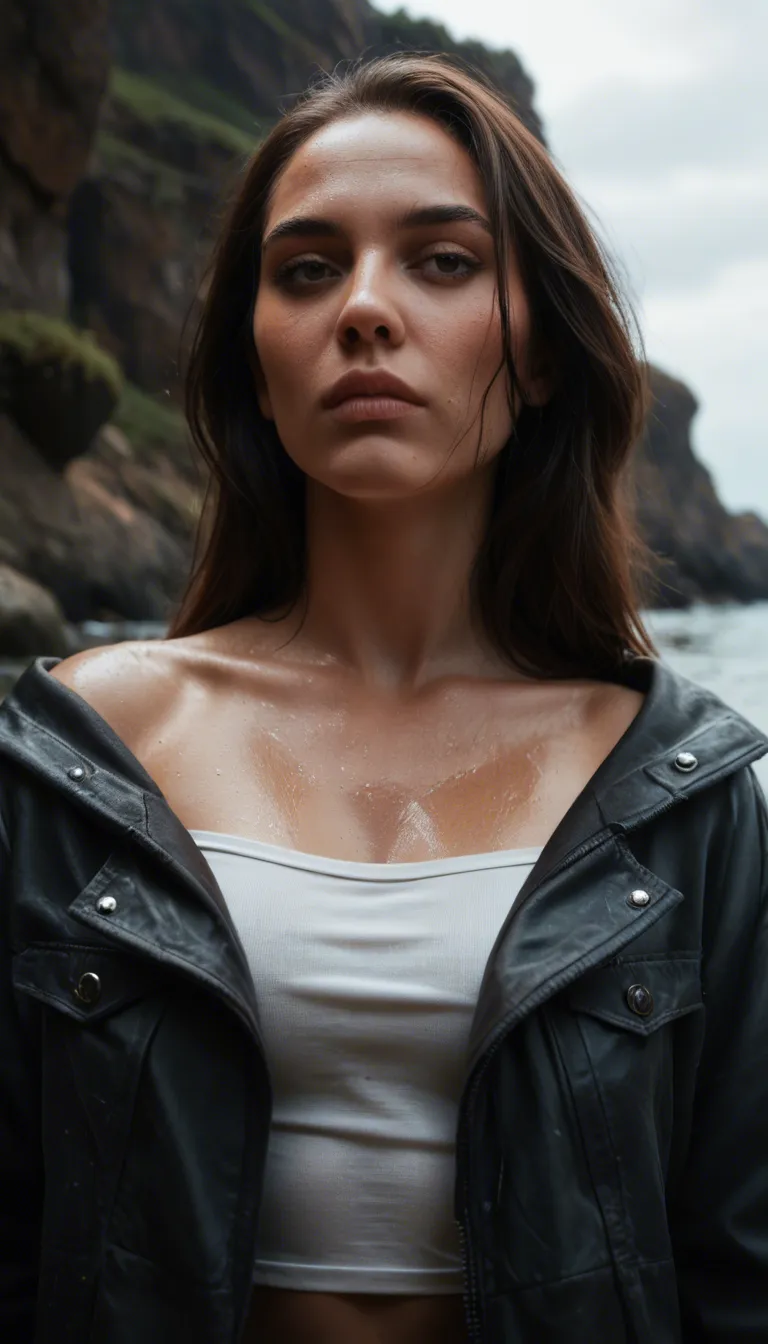8k, sharp focus, detailed skin, solo female, bare shoulders, jacket, presenting, water, low angle, film photography