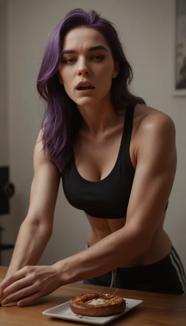 dslr, film grain, photorealistic, fitness model, purple hair, food, orgasm, 8k uhd photo