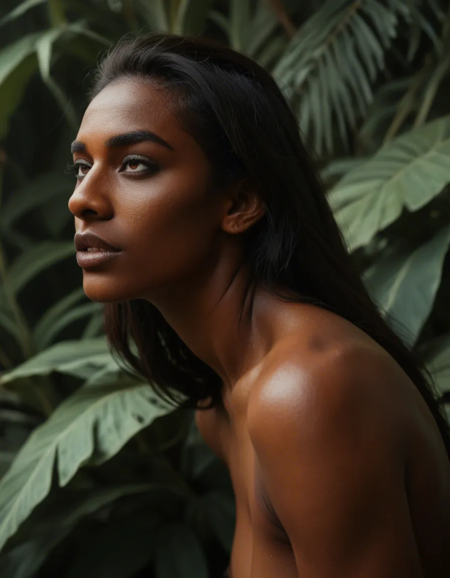 ultra HD, lifelike, side view, male focus, creampie, dark-skinned female, plant, playful expression, cinematic realism, score_9, score_8, candid photo, realistic skin texture, visible skin pores, film grain, depth of field