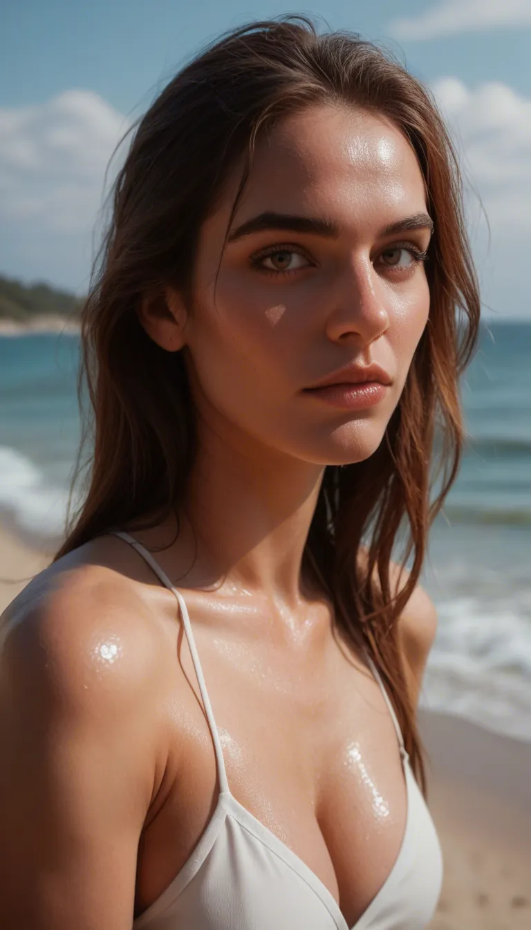 professional photo, high detail, portrait, solo, presenting, shiny skin, beach, mysterious vibe, 8k uhd photo