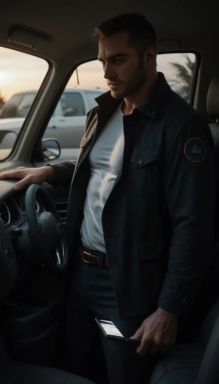 A wide shot of a parked car with the doors closed. A white man stands next to the car, looking inside. In the back seat, a well-dressed Black man is vigorously having sex with a slender woman who has small breasts and curly brown hair.