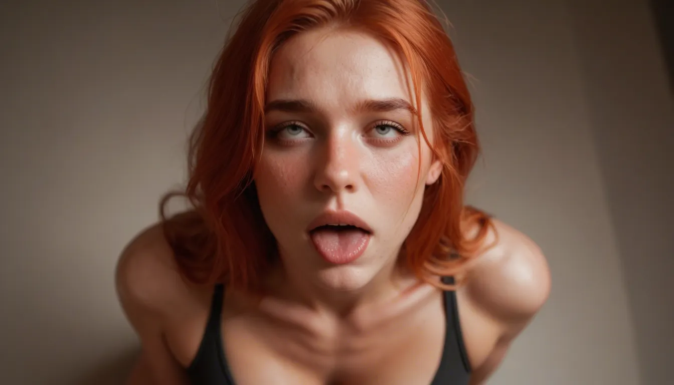 ultra HD, lifelike, from above, redhead woman, ahegao, athletic build, nervous blush, studio photo, score_9, score_8, candid photo, realistic skin texture, visible skin pores, film grain, depth of field