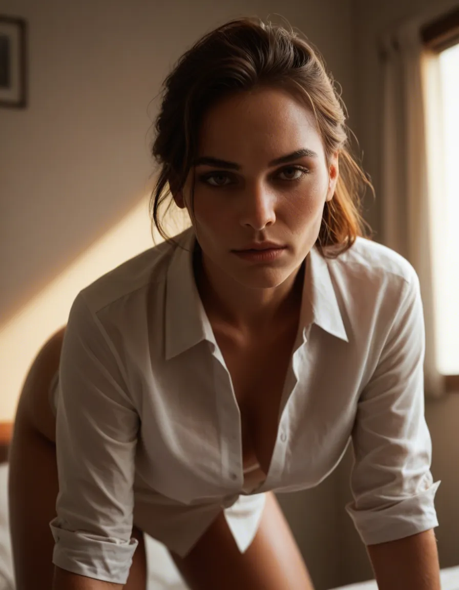 sharp focus, 8k uhd, solo female, collared shirt, doggy style, backlit, cinematic realism, score_9, score_8, candid photo, realistic skin texture, visible skin pores, film grain, depth of field