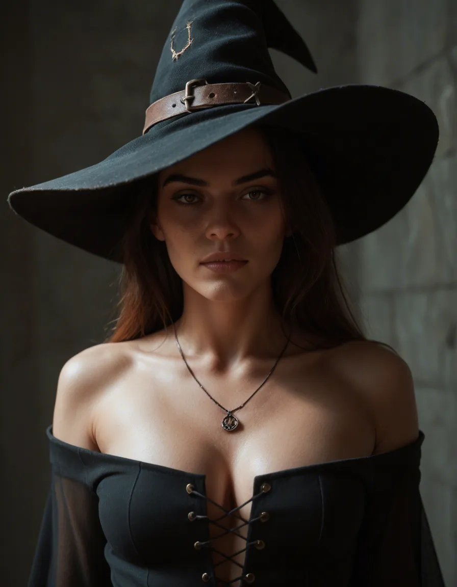 sharp focus, 8k uhd, witch, presenting, collarbone, lifelike render, score_9, score_8, candid photo, realistic skin texture, visible skin pores, film grain, depth of field
