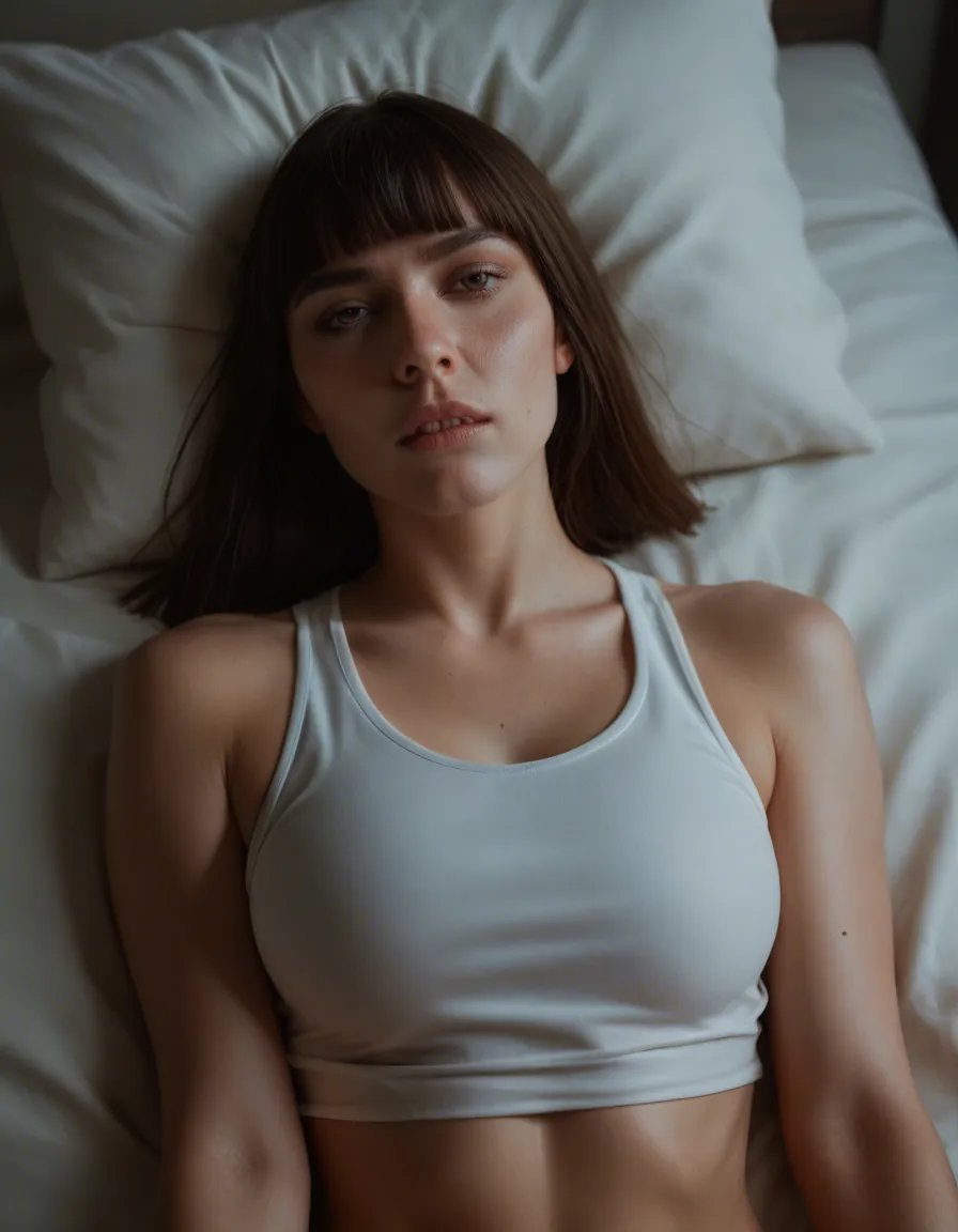 best quality, hyperrealistic, solo female, blunt bangs, sleeveless, missionary, neon glow, lifelike render, score_9, score_8, candid photo, realistic skin texture, visible skin pores, film grain, depth of field