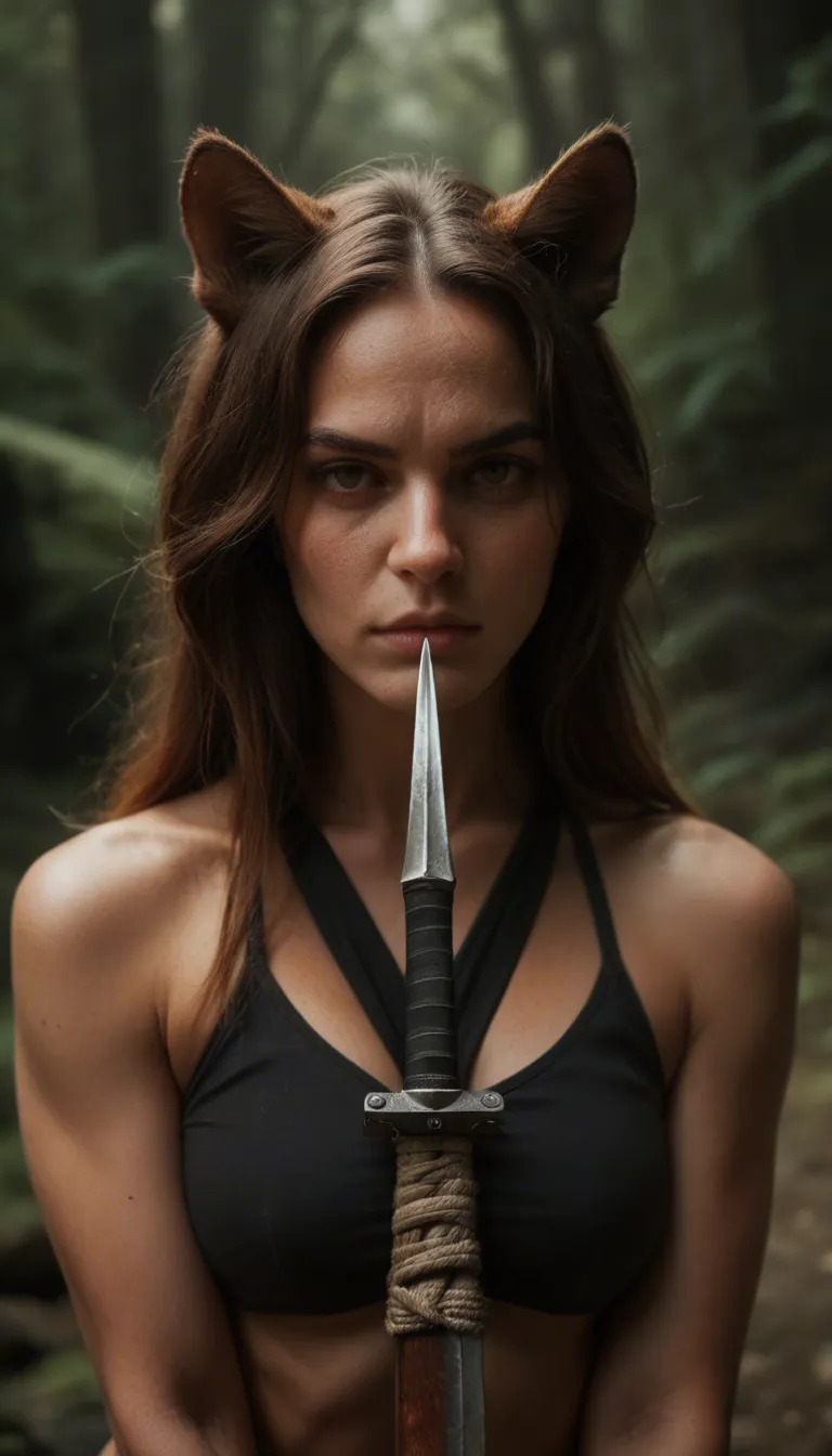 cinematic photo, 8k, couple, animal ears, weapon, bondage, wide shot, RAW photo
