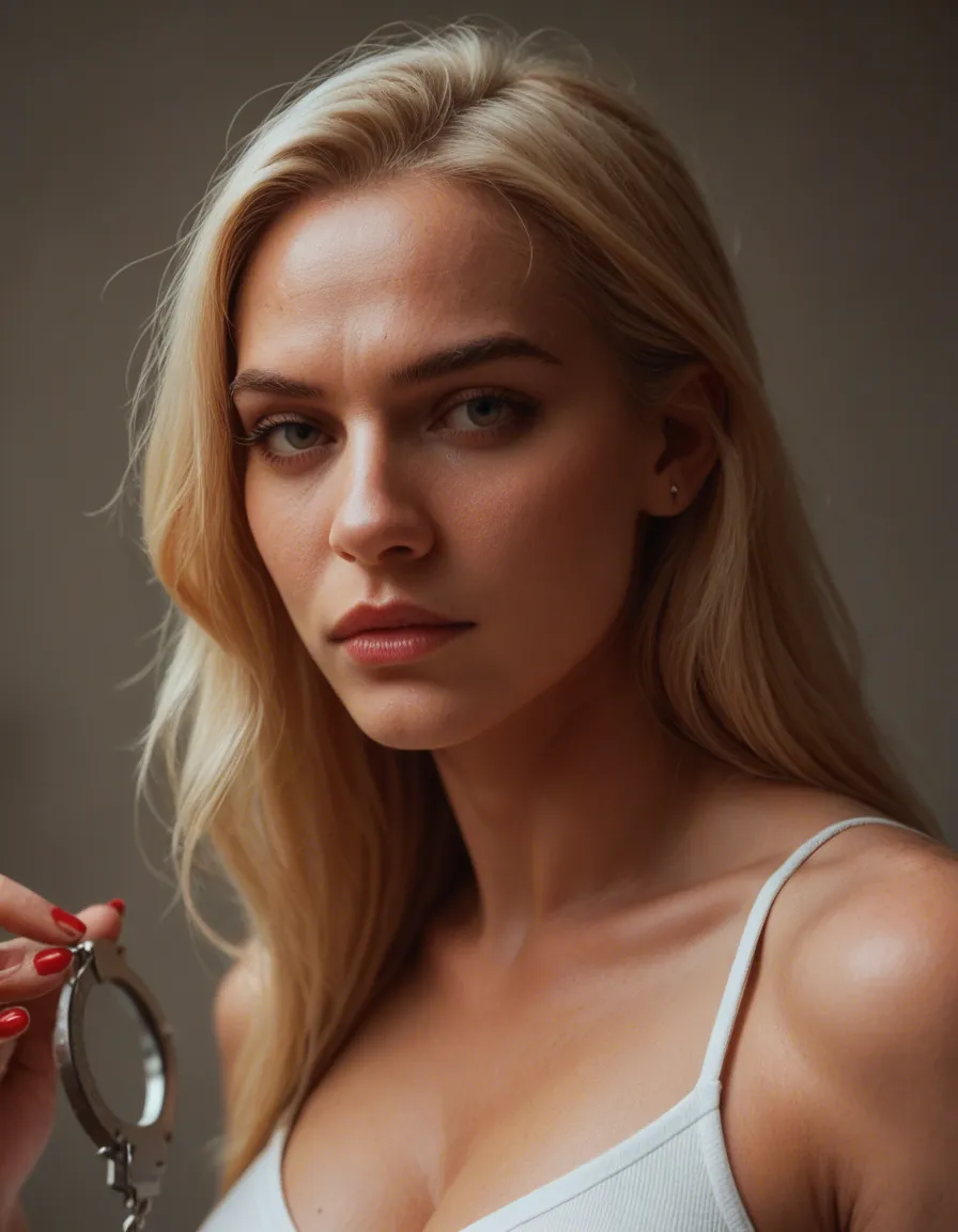 Blonde women, red nails get handcuffs, score_9, score_8, candid photo, realistic skin texture, visible skin pores, film grain, depth of field